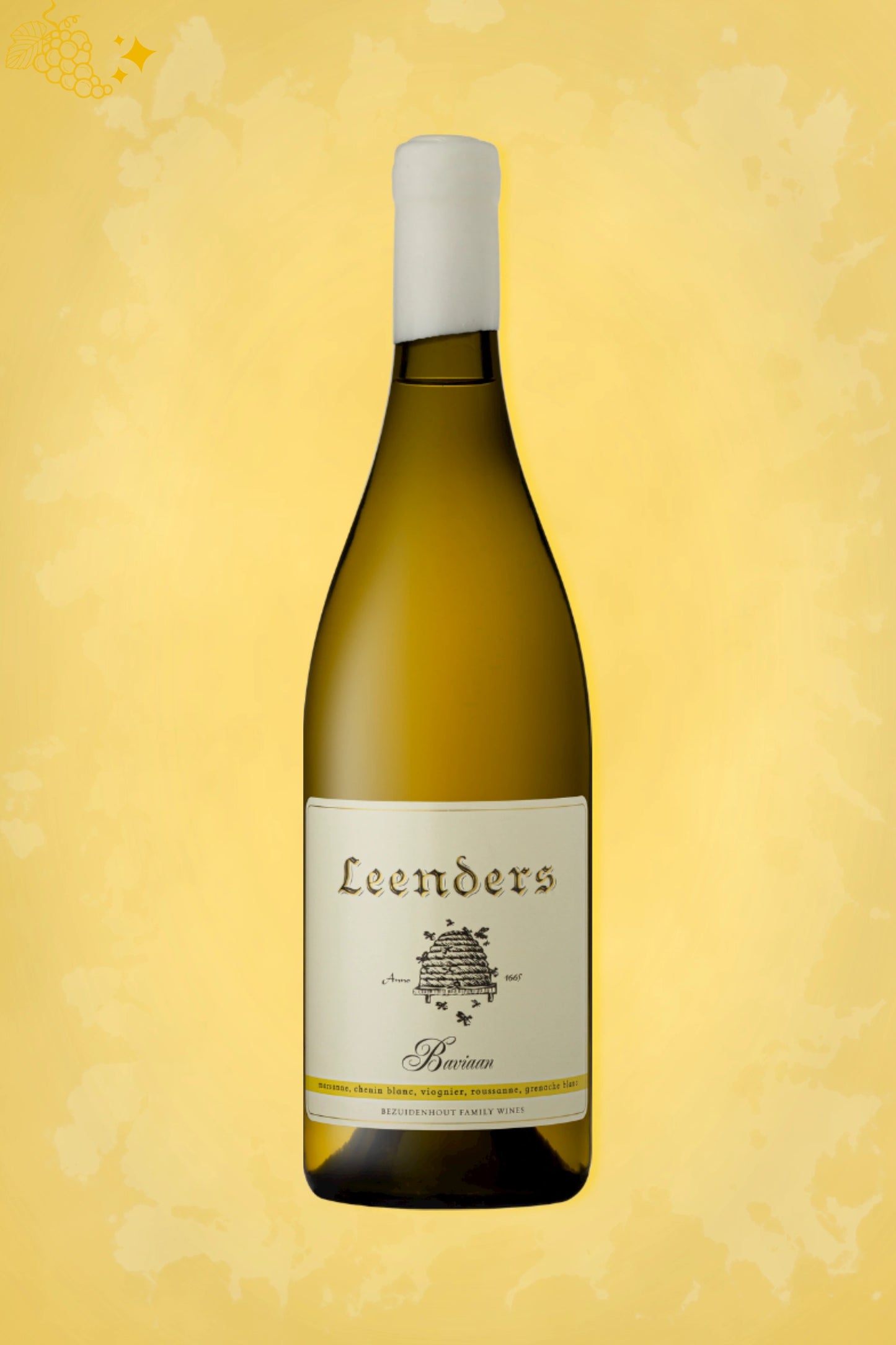 Leenders Baviaan White Blend 2024 – witte wijn tegen gouden achtergrond