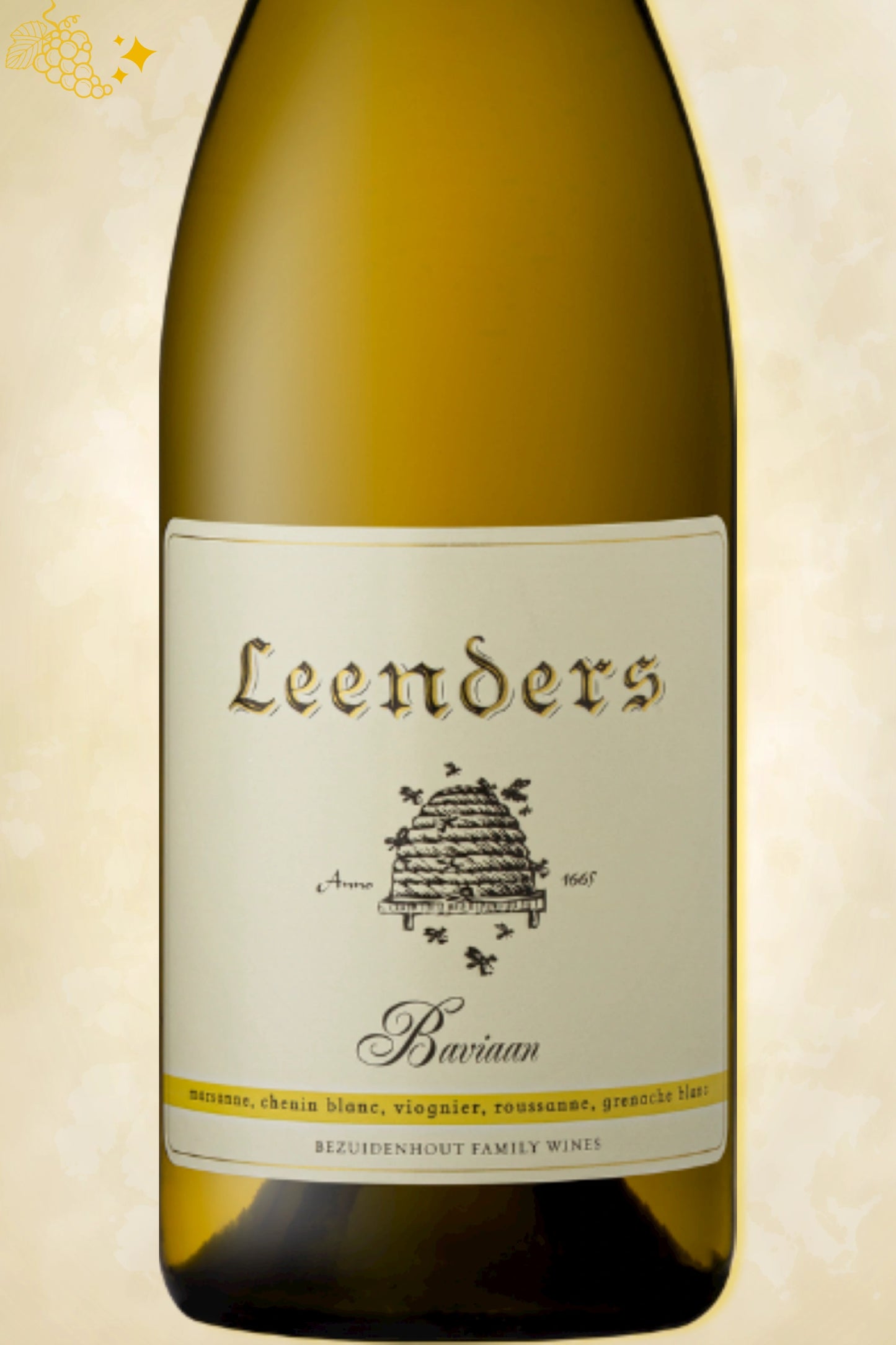 Close-up label Baviaan White Blend 2024 – Leenders logo en vintage details