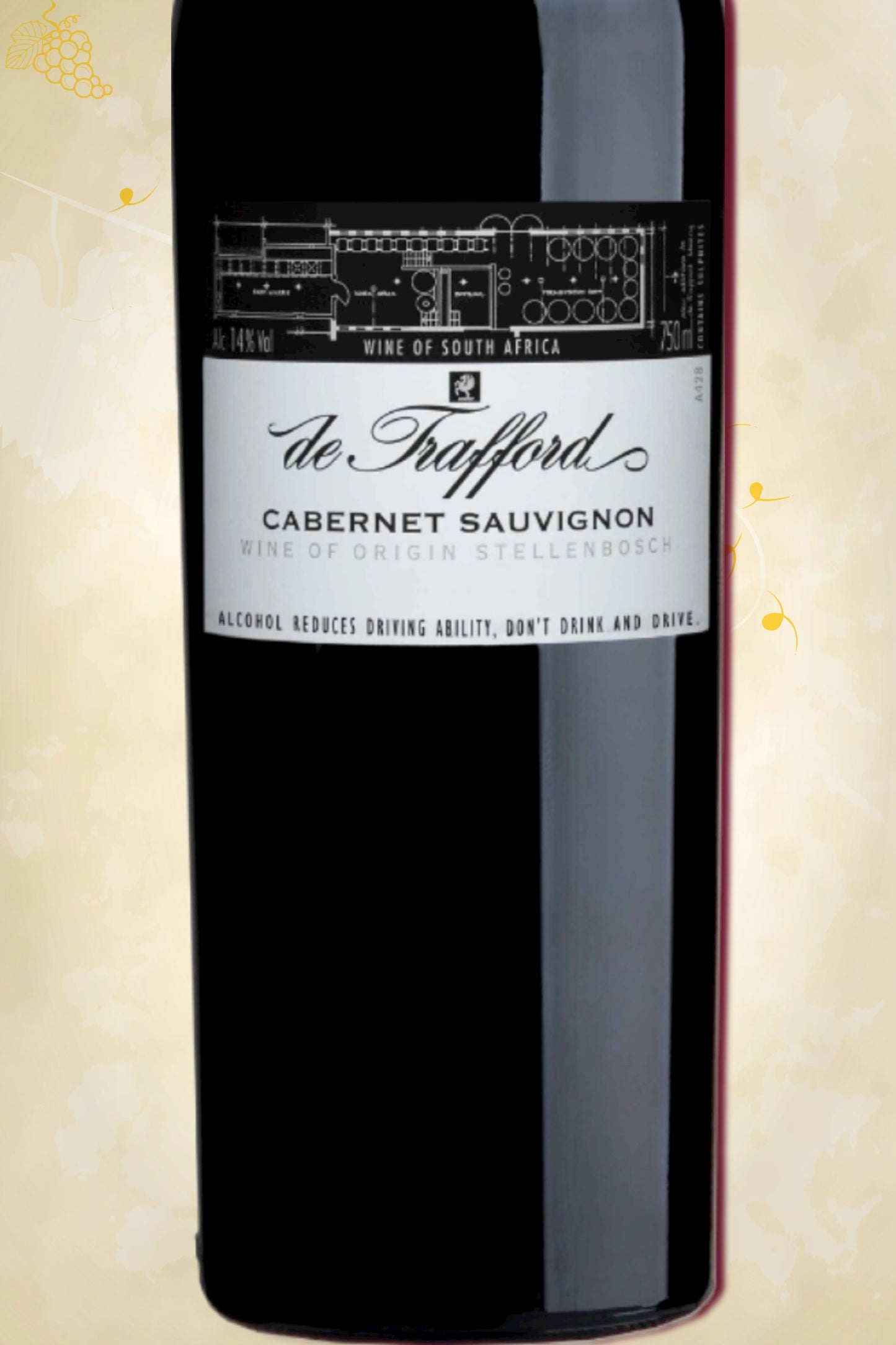 Close-up label De Trafford Cabernet Sauvignon 2018 – logo en jaargang zichtbaar