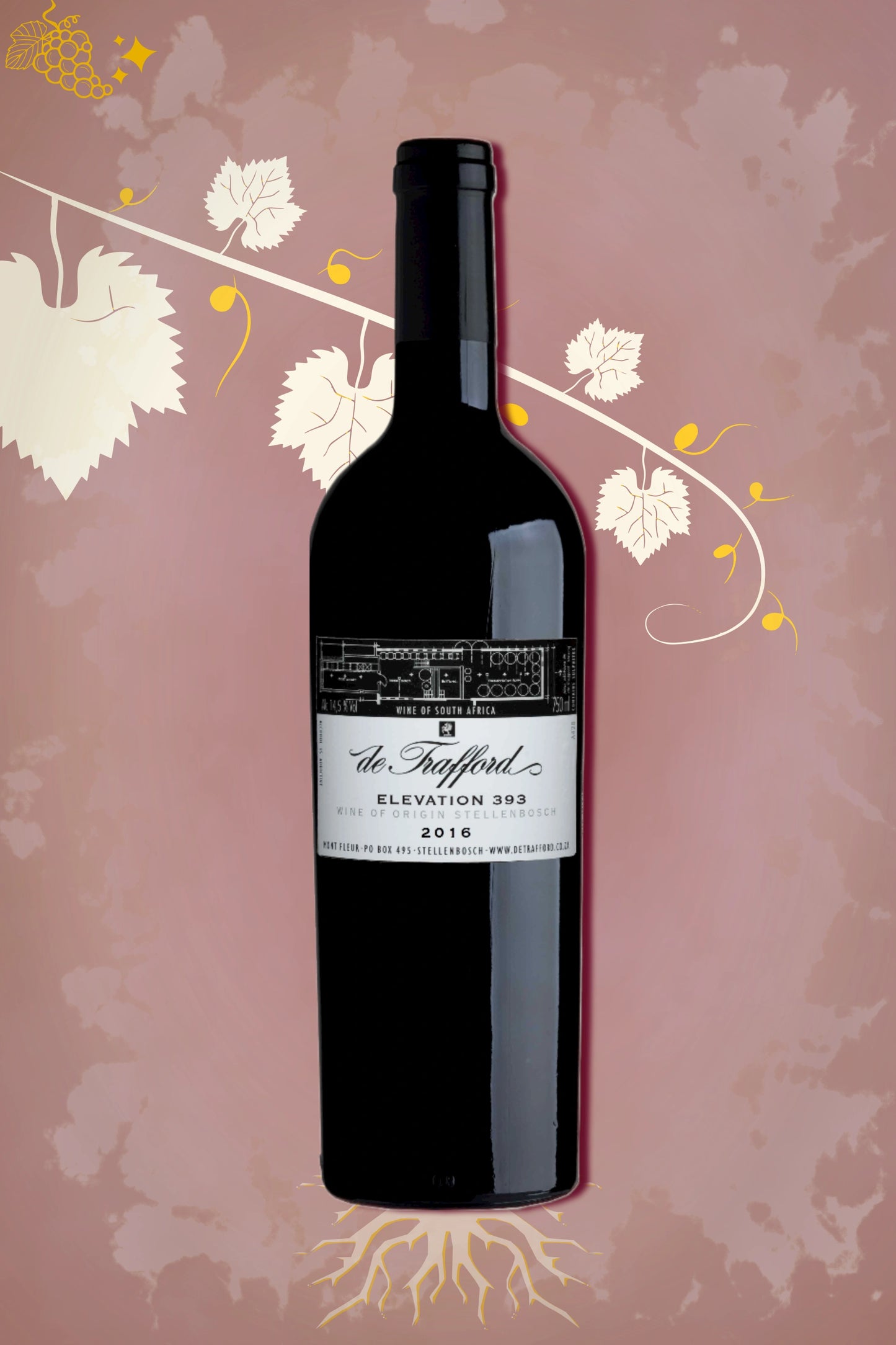 De Trafford Elevation 393 2016 tegen bordeaux achtergrond – premium rode blend