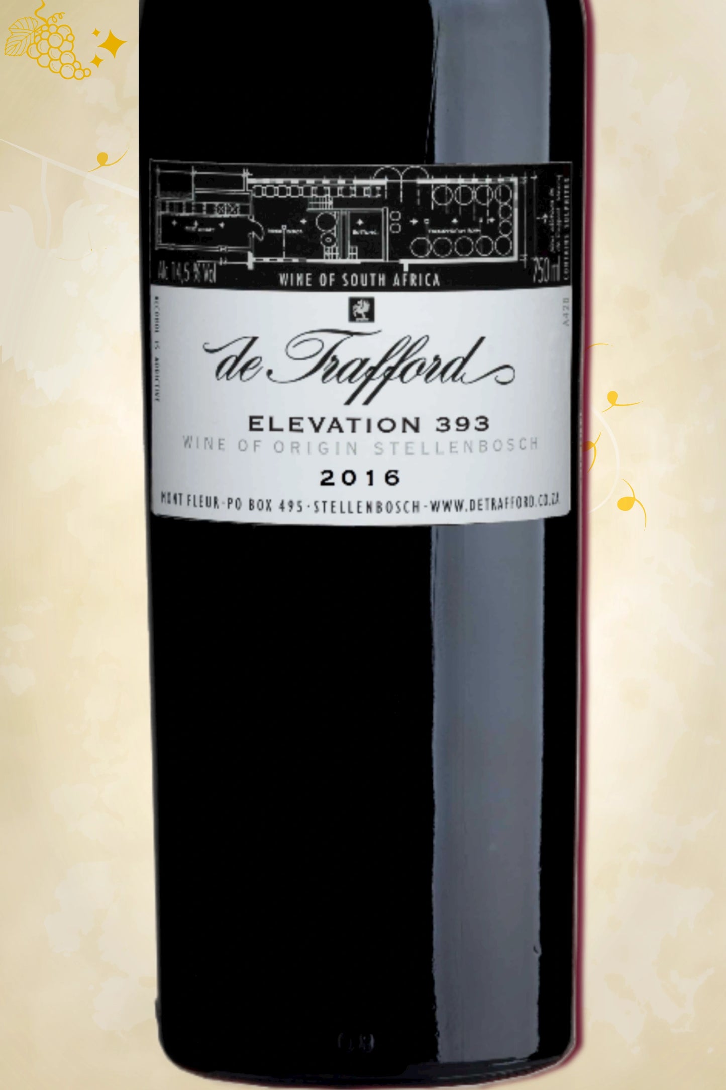 Close-up label De Trafford Elevation 393 2016 – logo en vintage details