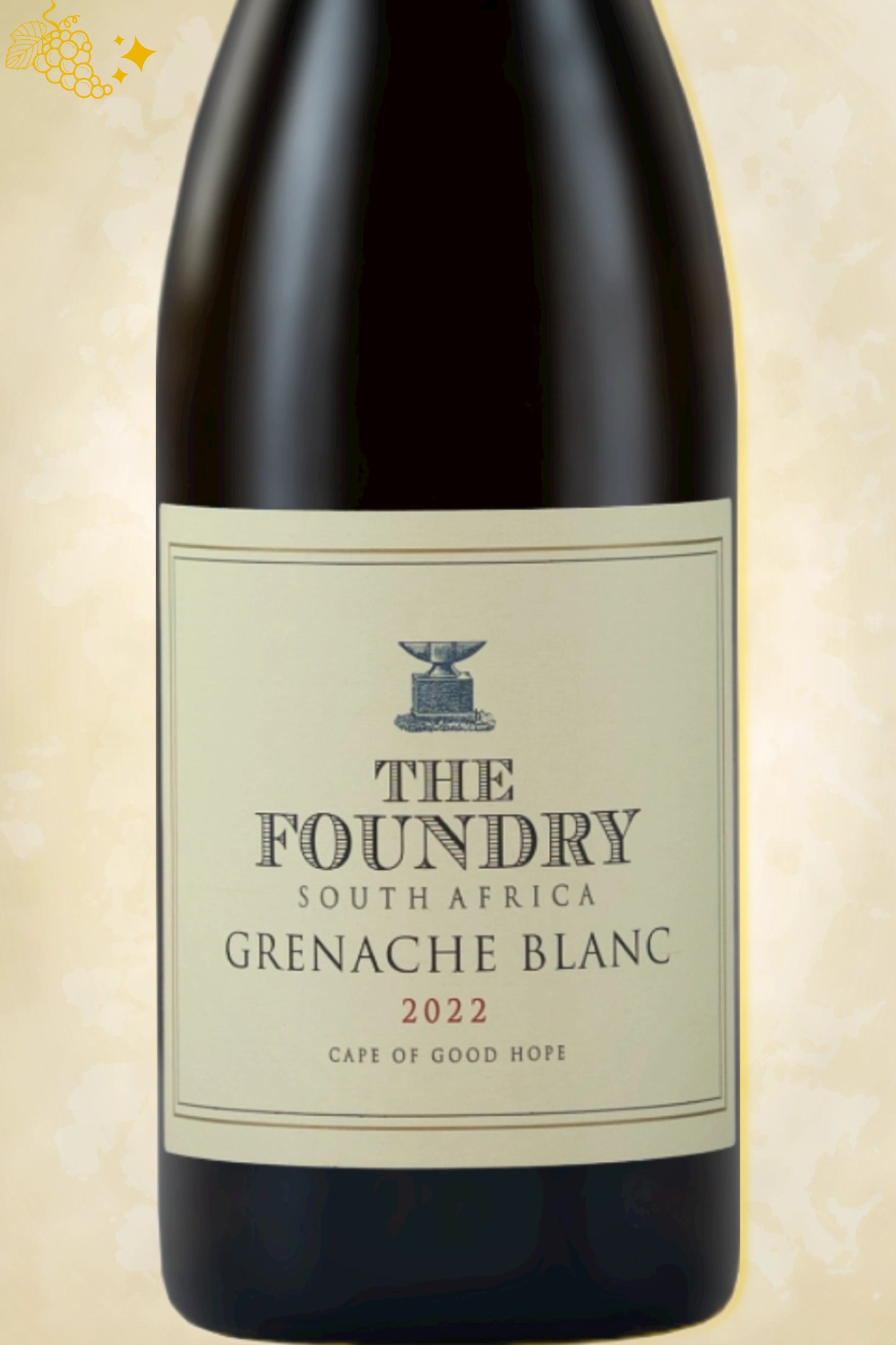 Close-up label The Foundry Grenache Blanc 2022 – logo en jaargang
