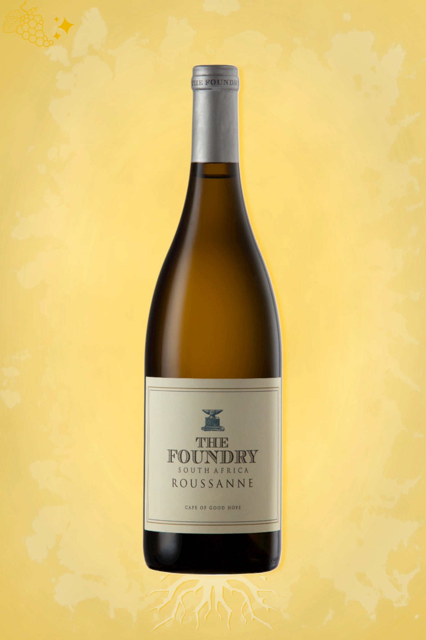 Fles Roussanne uit Paardeberg, Paarl (2022) van The Foundry tegen een goudkleurige achtergrond.