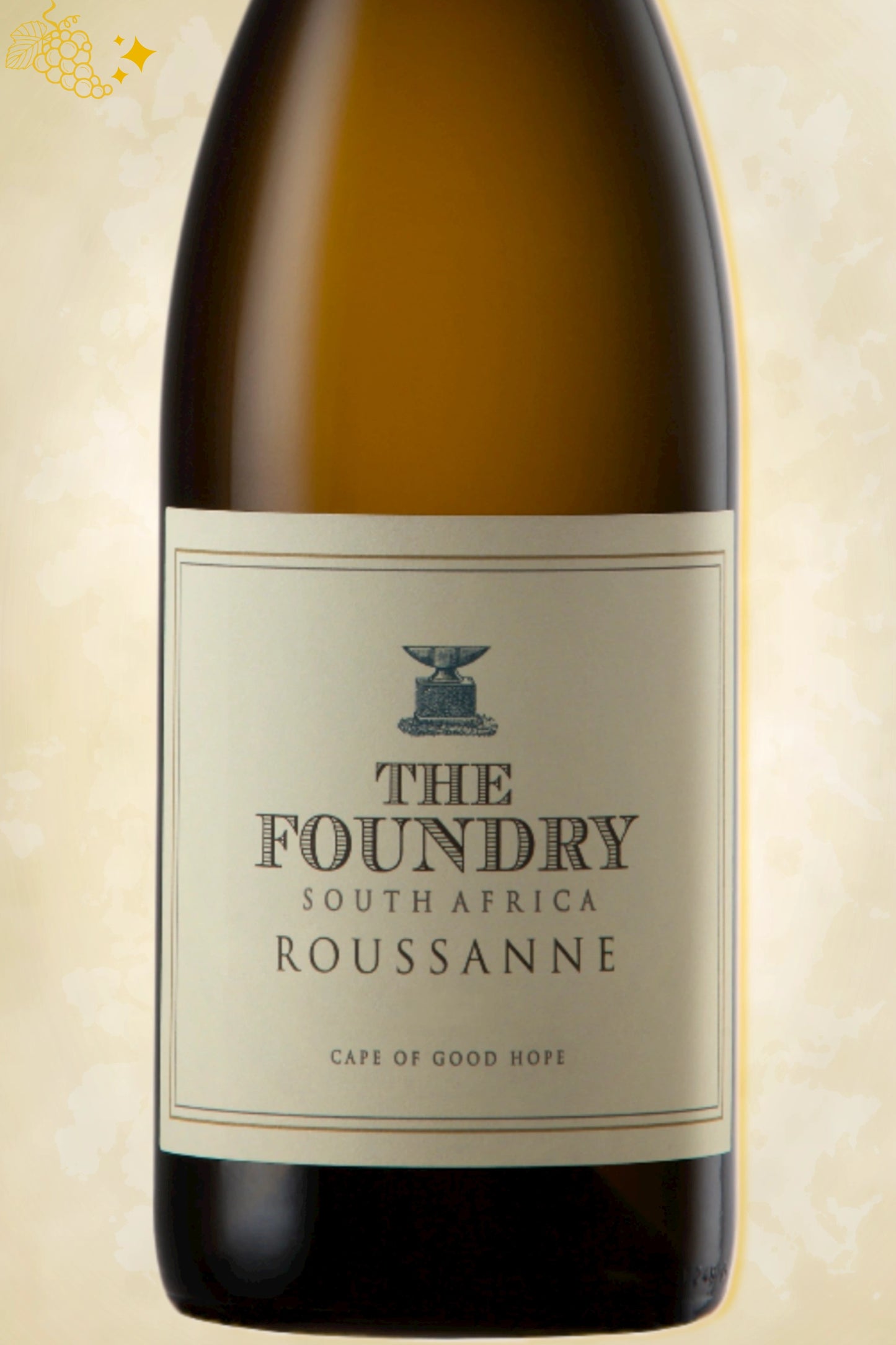 Close-up label The Foundry Roussanne 2022 – logo en vintage details zichtbaar