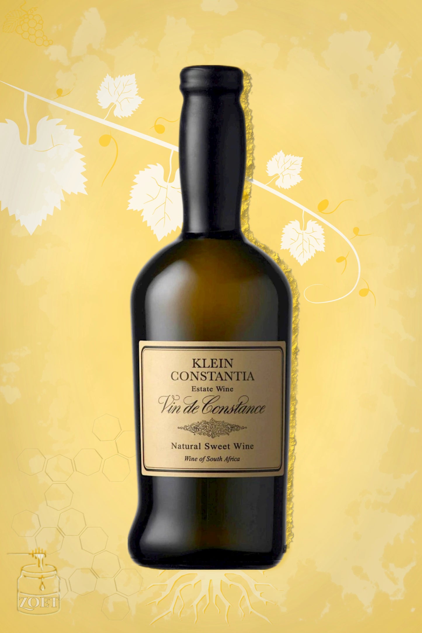 Klein Constantia Vin de Constance 2020 tegen gouden achtergrond – dessertwijn