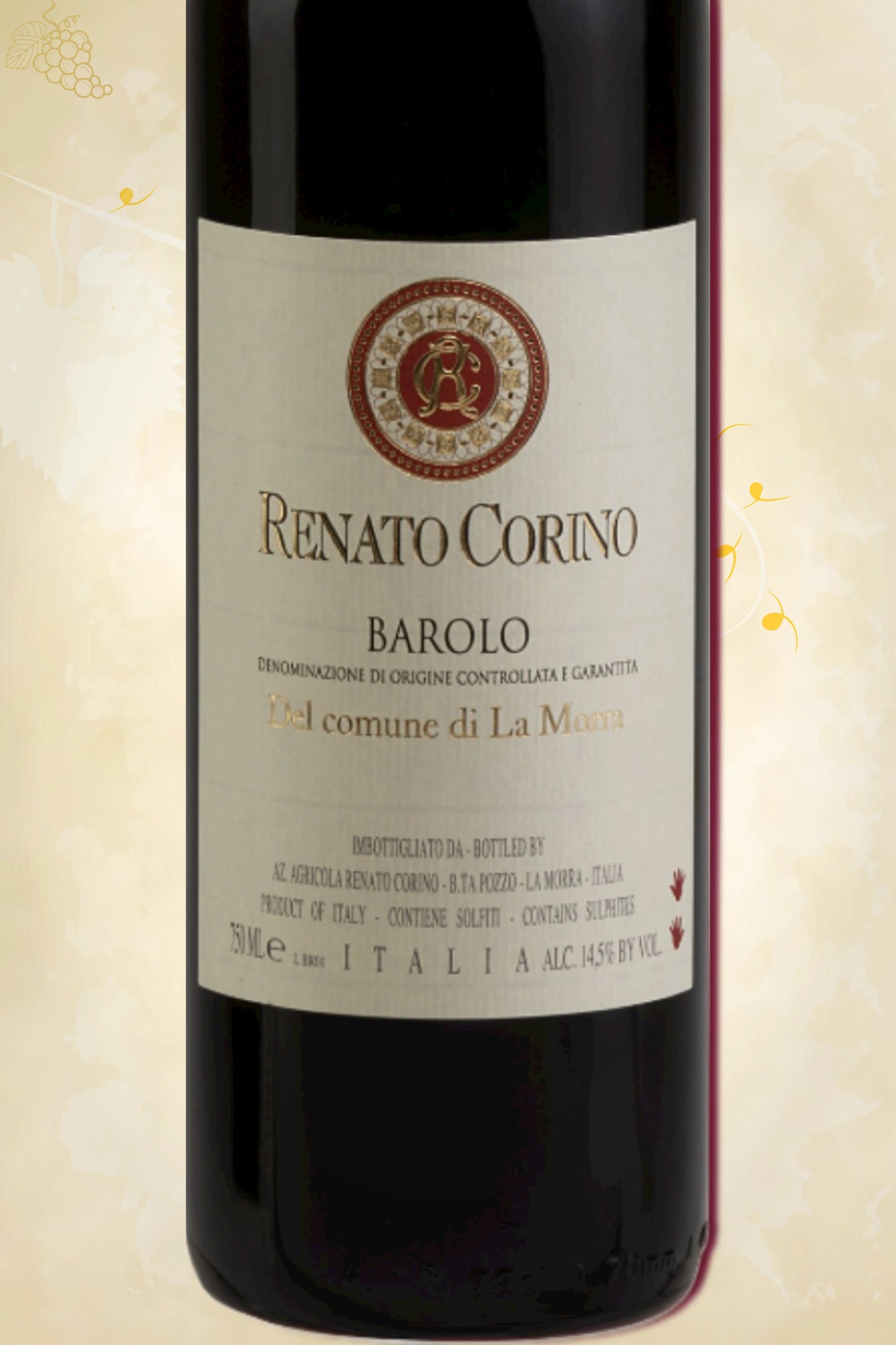 Close-up label Renato Corino Barolo La Morra 2021 – Corino logo en vintage details