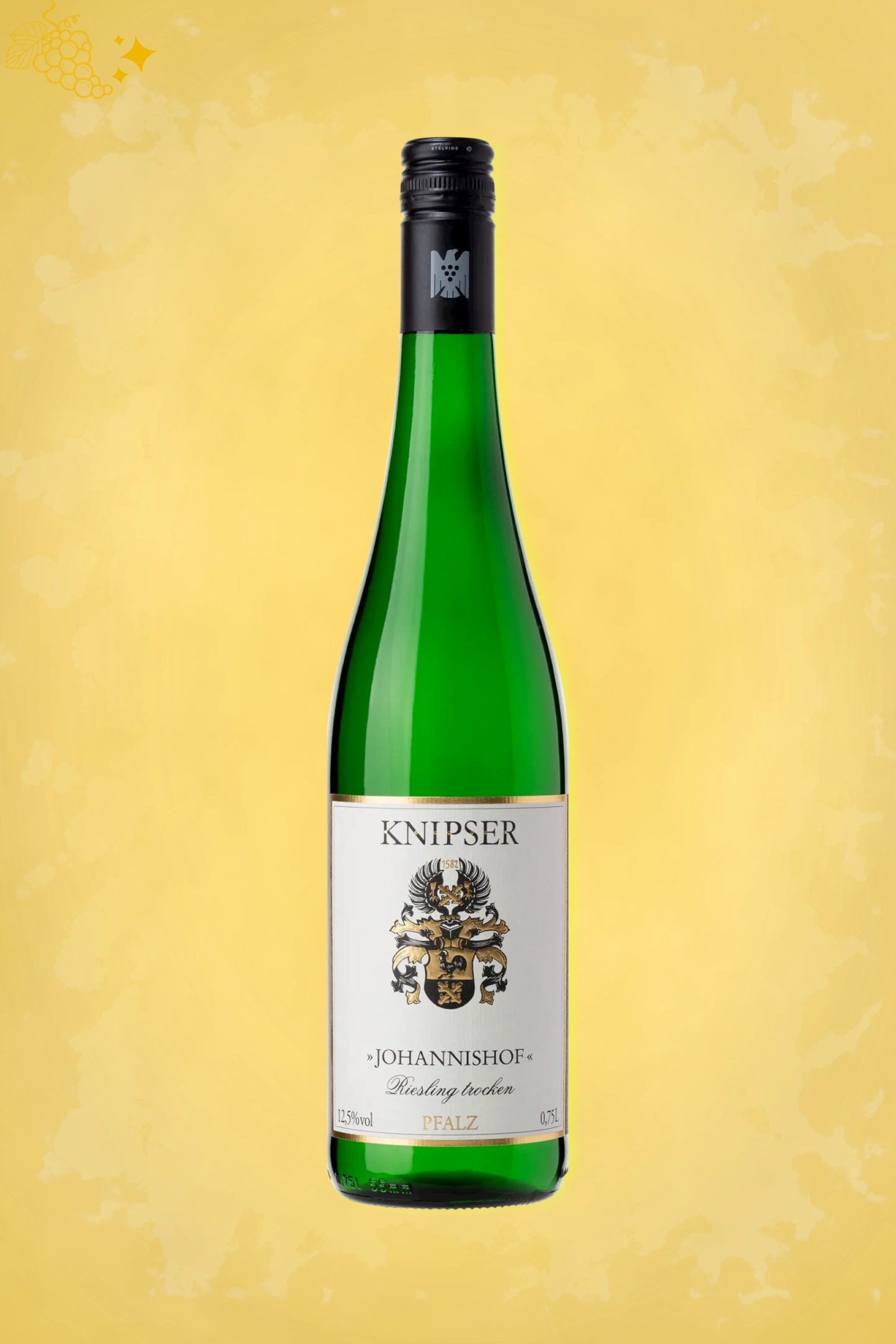 Weingut Knipser Johannishof Riesling 2024 tegen gouden achtergrond – frisse witte wijn