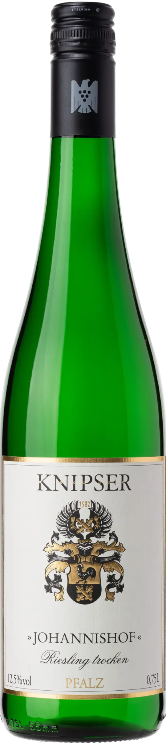 Weingut Knipser Johannishof Riesling 2024 tegen gouden achtergrond – frisse witte wijn
