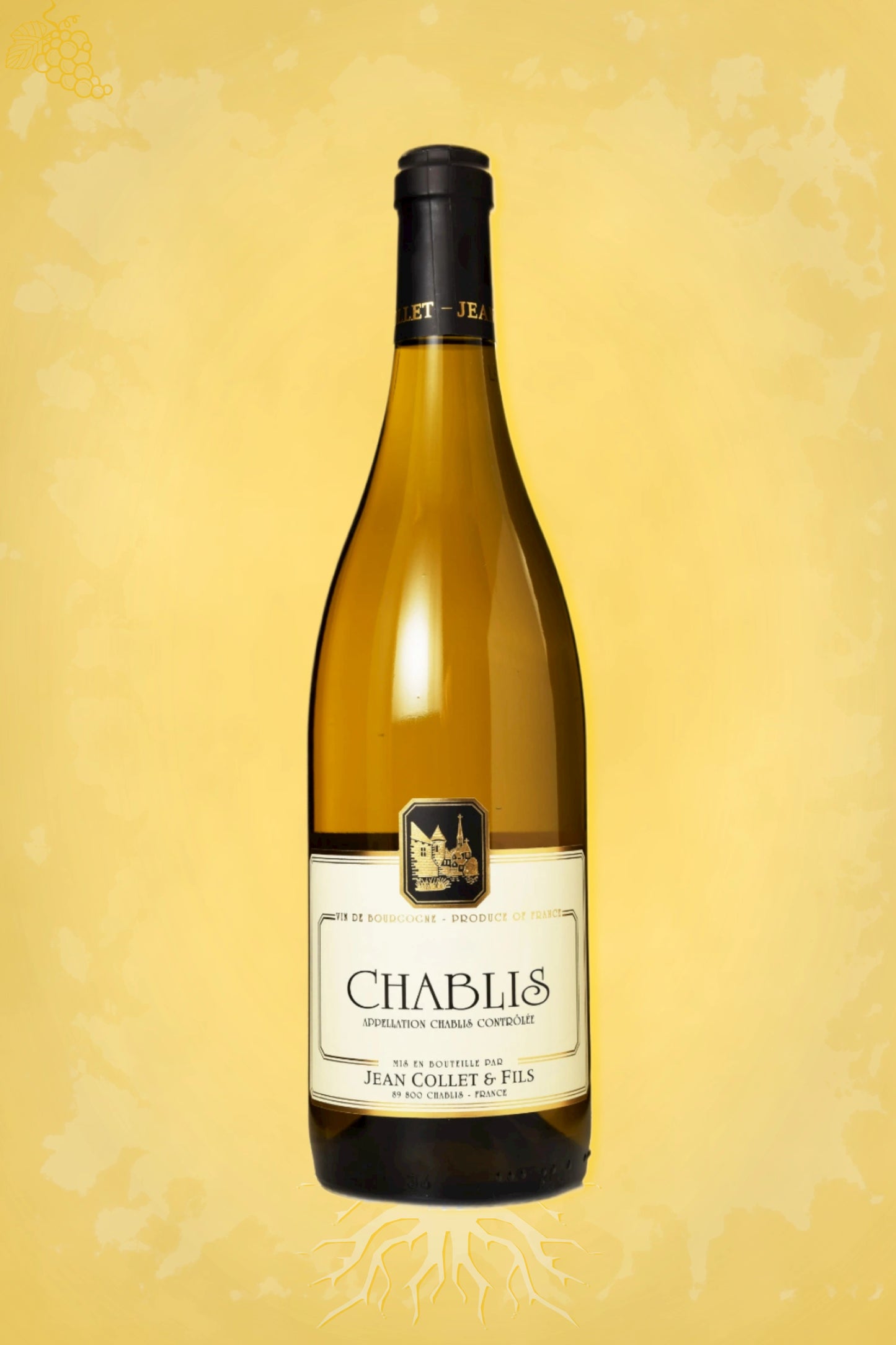 Domaine Jean Collet & Fils Chablis 2023 tegen gouden achtergrond – premium witte wijn