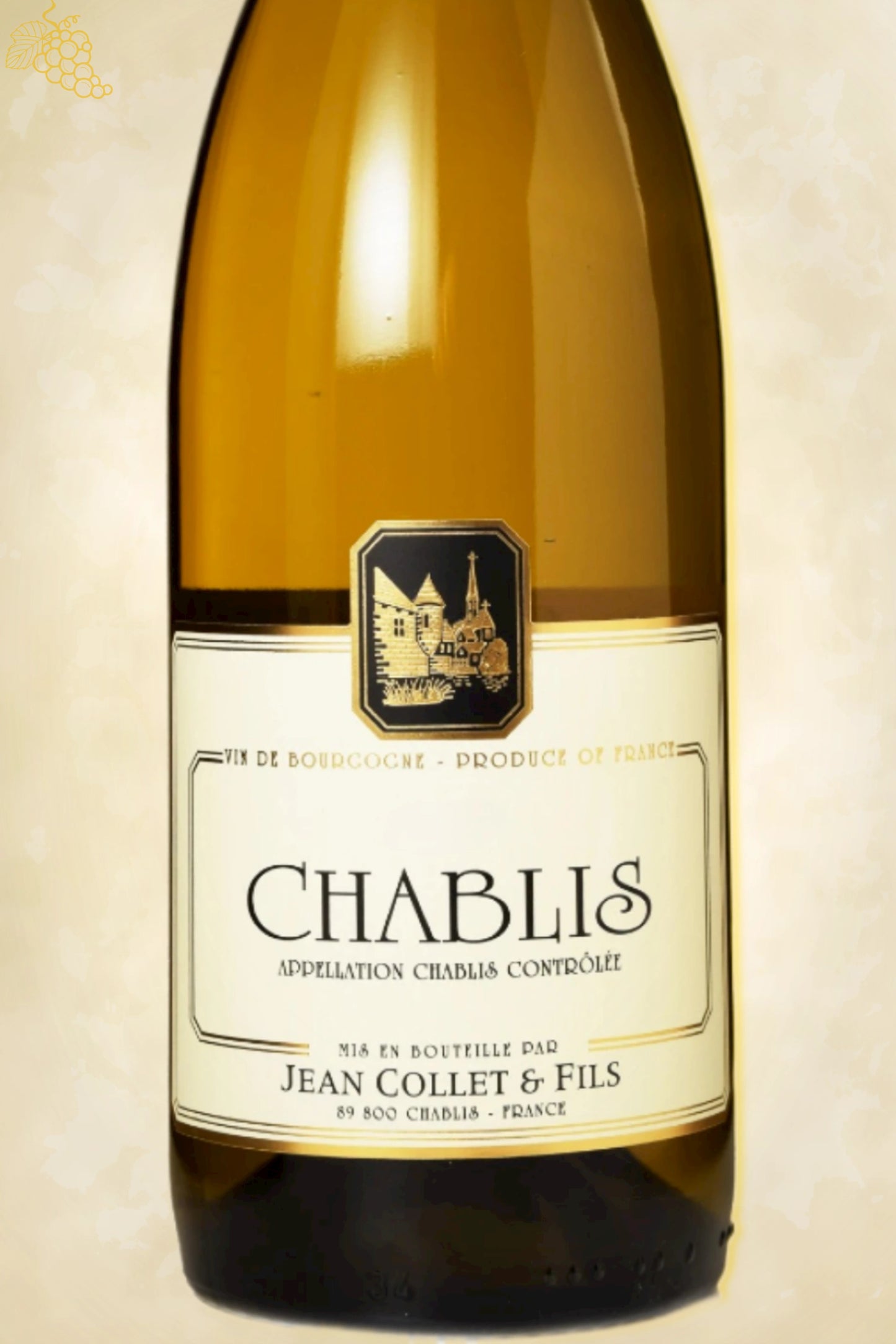 Close-up label Domaine Jean Collet & Fils Chablis 2023 – logo en vintage details