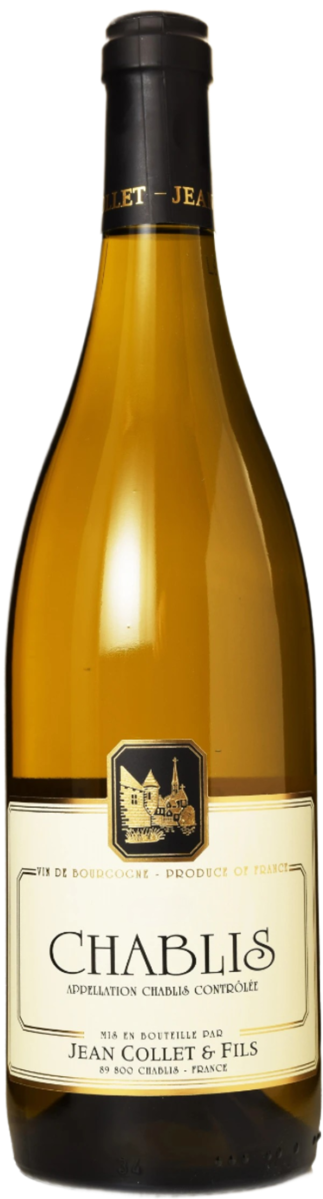 Domaine Jean Collet & Fils Chablis 2023 tegen gouden achtergrond – premium witte wijn