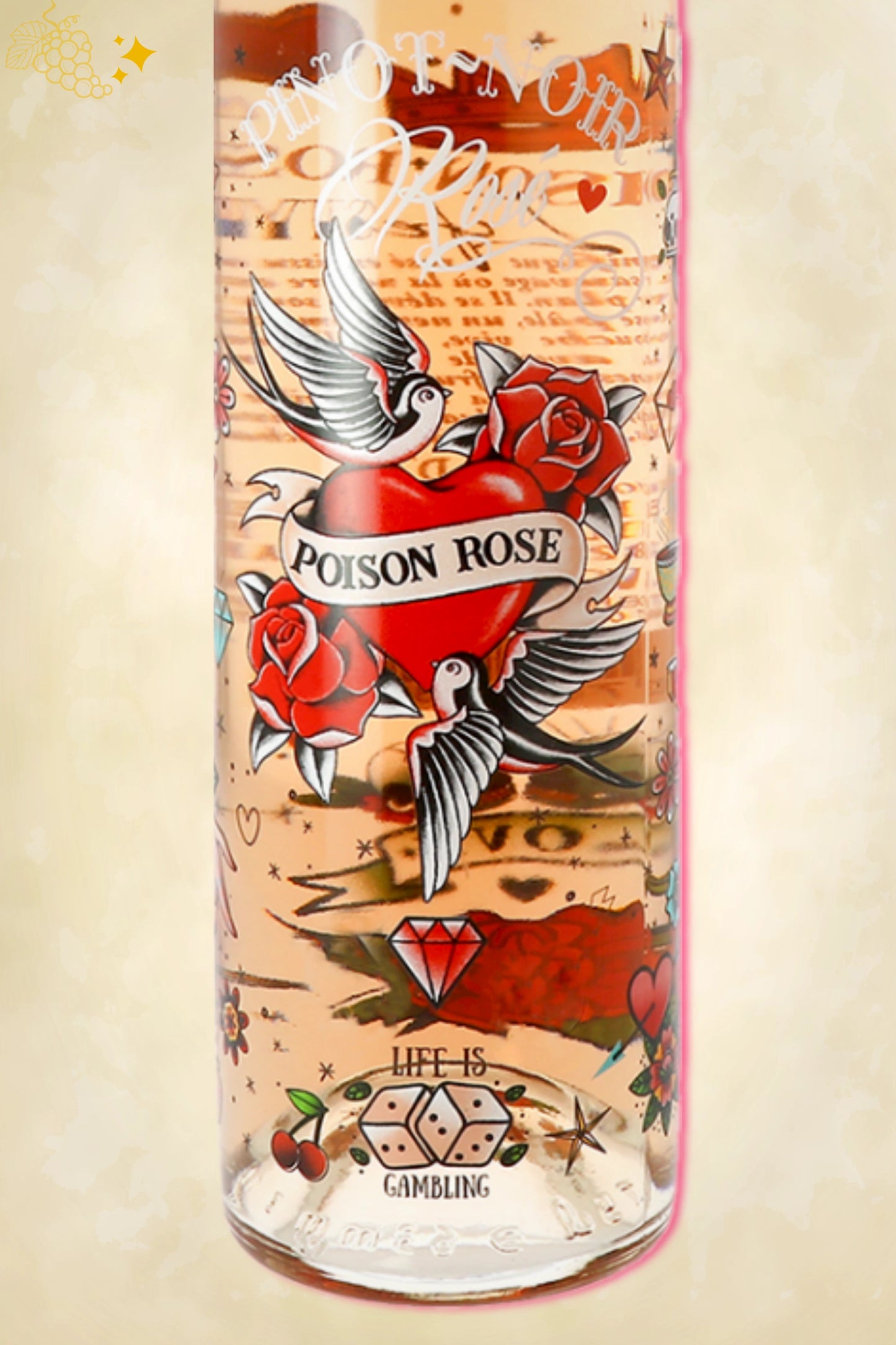 Close-up label Poison Rosé 2024 – Vignobles Vellas logo en vintage details