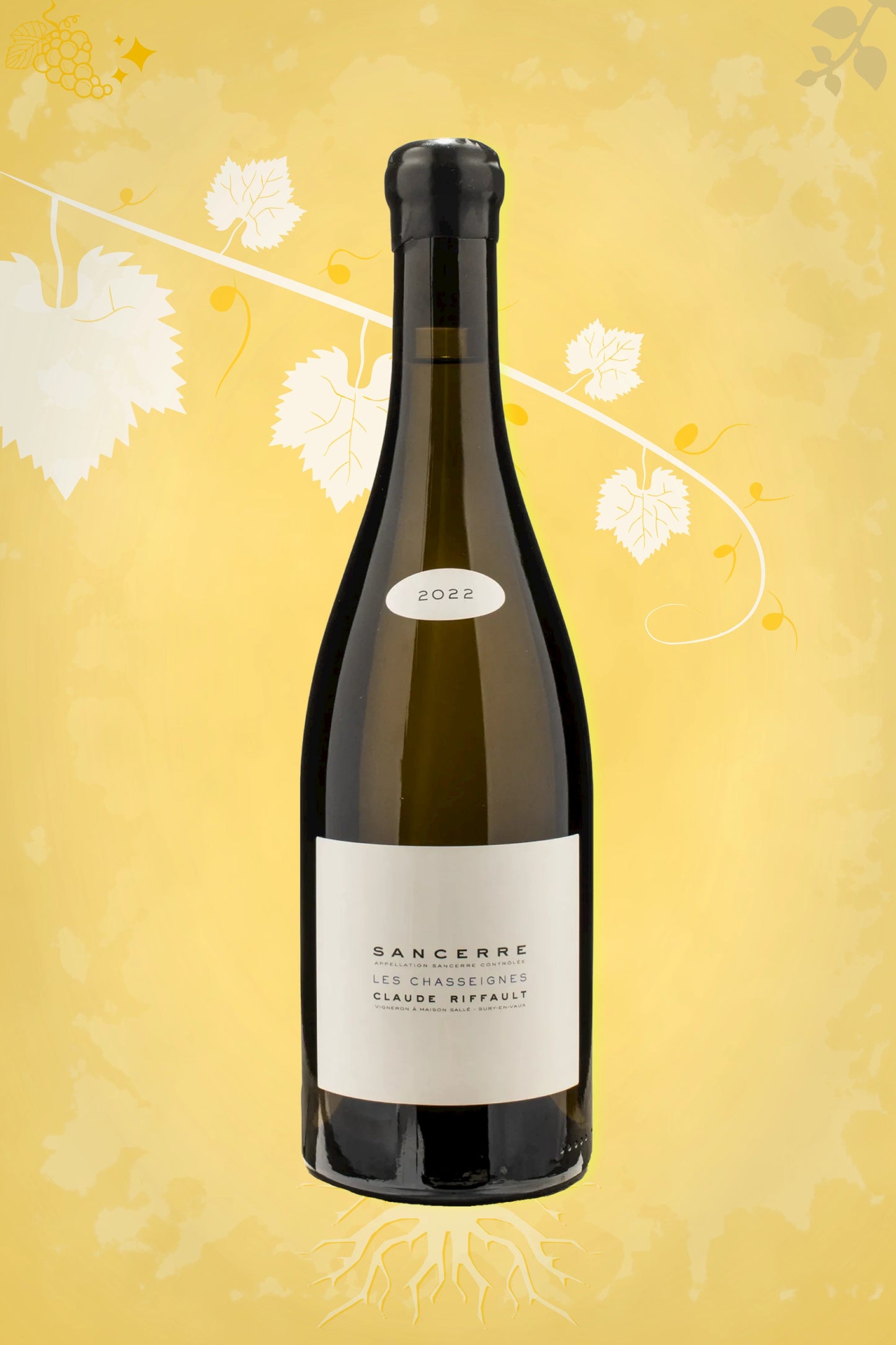 Fles Sancerre Les Boucauds BIO 2022 van Claude Riffault, sauvignon blanc uit de Loire, tegen een goudkleurige achtergrond.