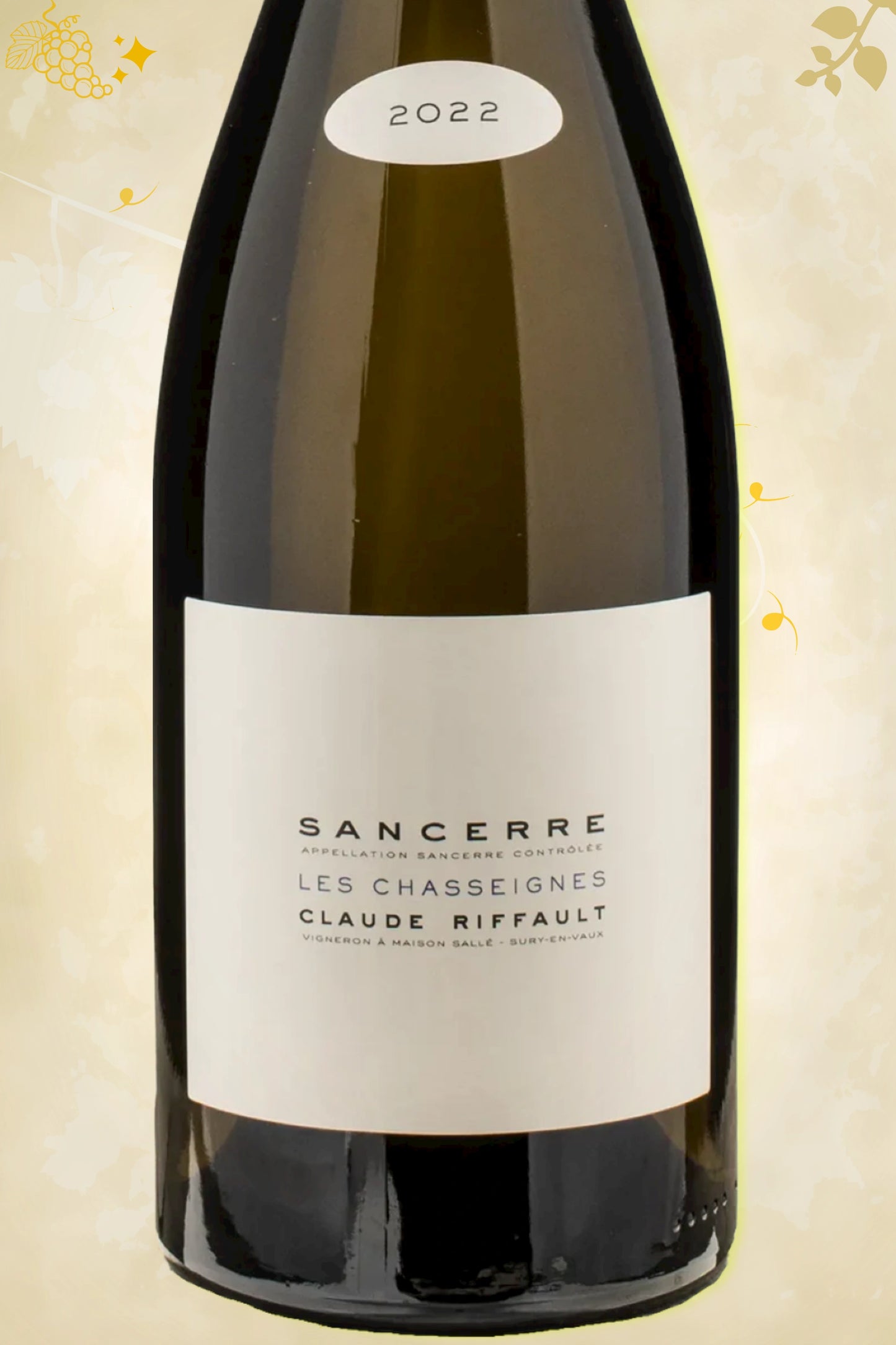 Close-up label Claude Riffault Sancerre Les Boucauds 2022 – domein details zichtbaar