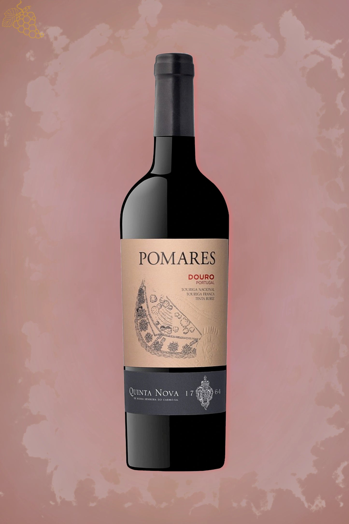 Fles Quinta Nova Pomares Tinto Douro 2022, Portugese rode wijn, tegen bordeauxrode achtergrond.