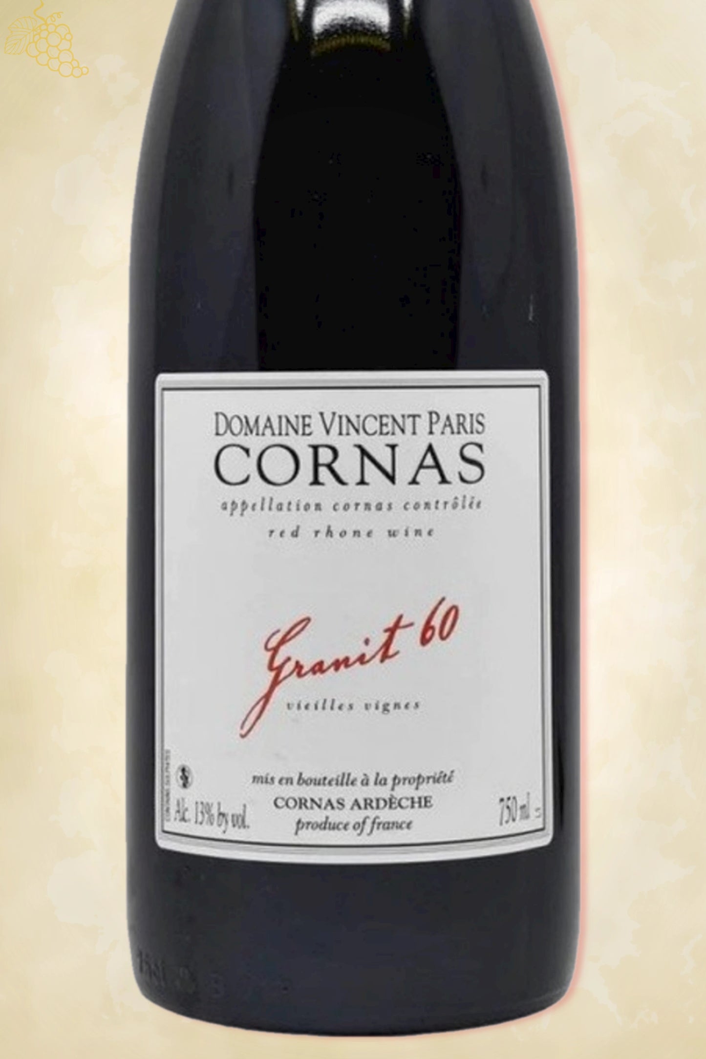 Close-up label Cornas – producent details zichtbaar