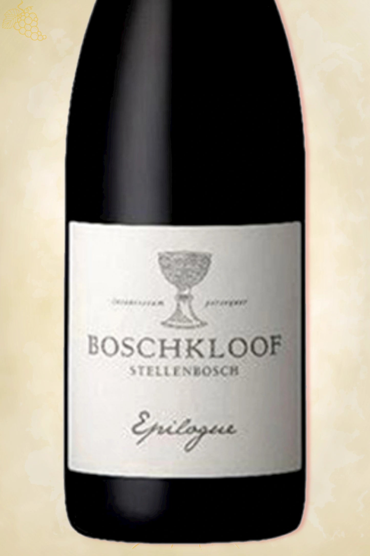 Close-up label Boschkloof Epilogue - producent details zichtbaar