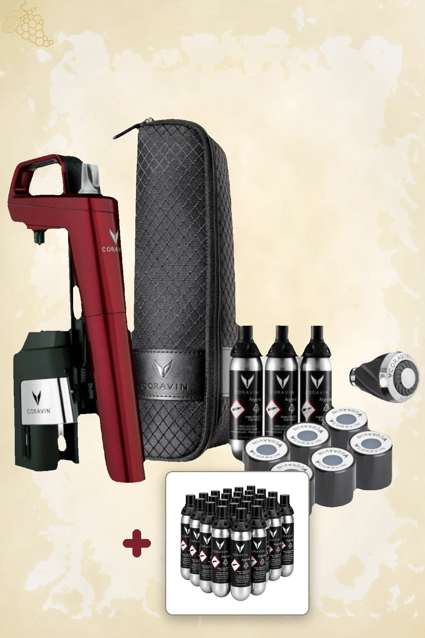 Coravin Model Six+ wijnbewaarsysteem in bordeauxrode uitvoering met schenktuit en capsulehouder.