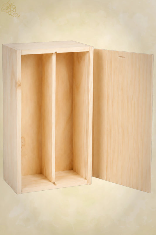 Houten wijnkist met schuifdeksel voor 2 flessen, geopend met twee vakken