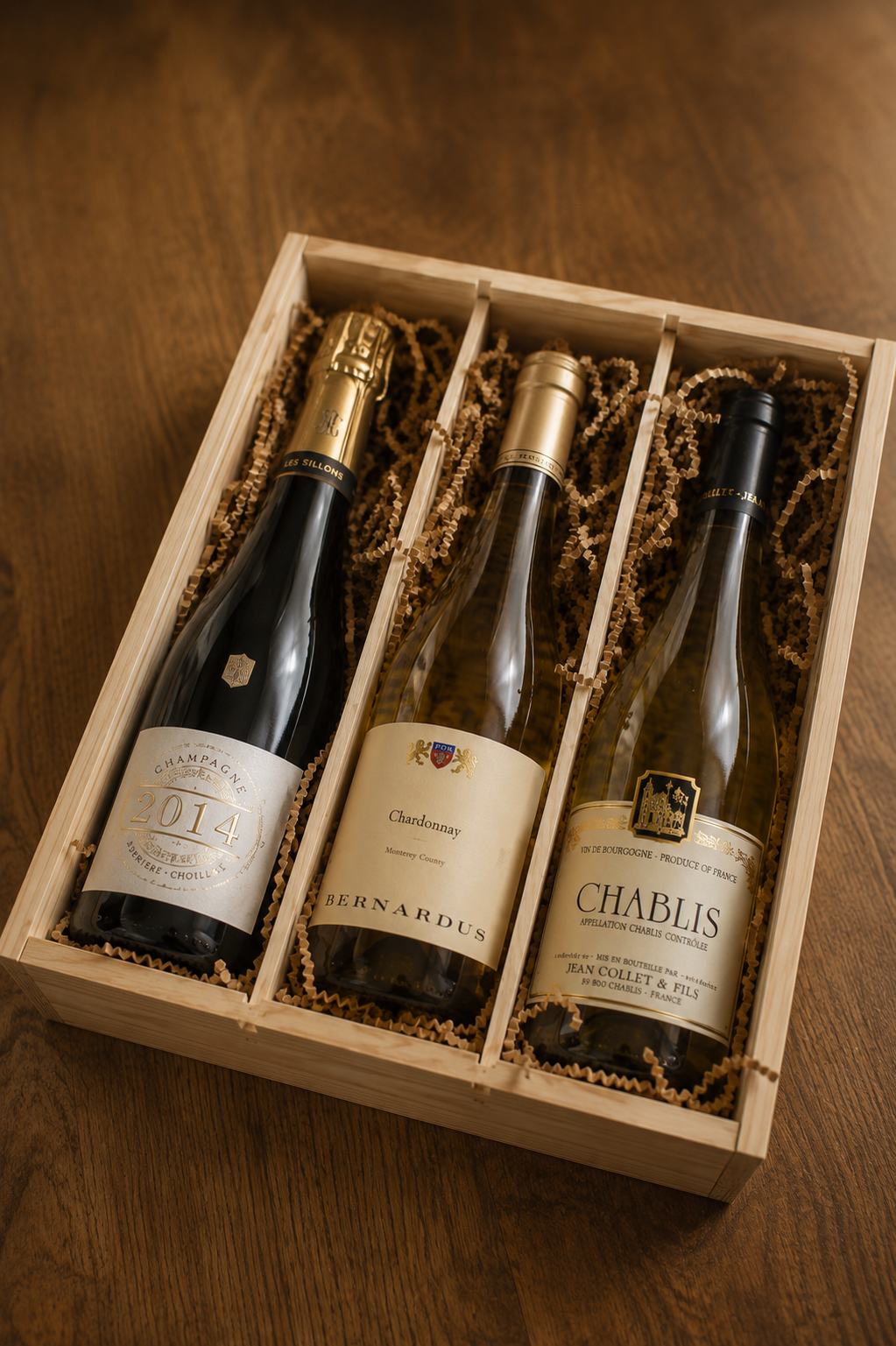Drie flessen wijn in de houten wijnkist met houtwol, op een houten tafel