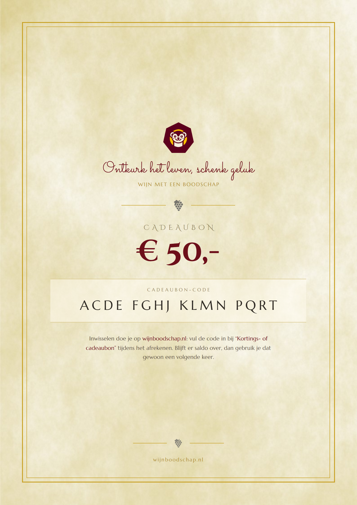 Neutrale cadeaubon van Wijn met een boodschap op perkament met gouden lijst en cadeaubon-code