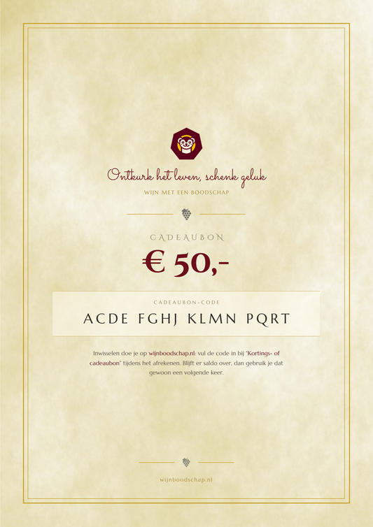 Neutrale cadeaubon van Wijn met een boodschap op perkament met gouden lijst en cadeaubon-code