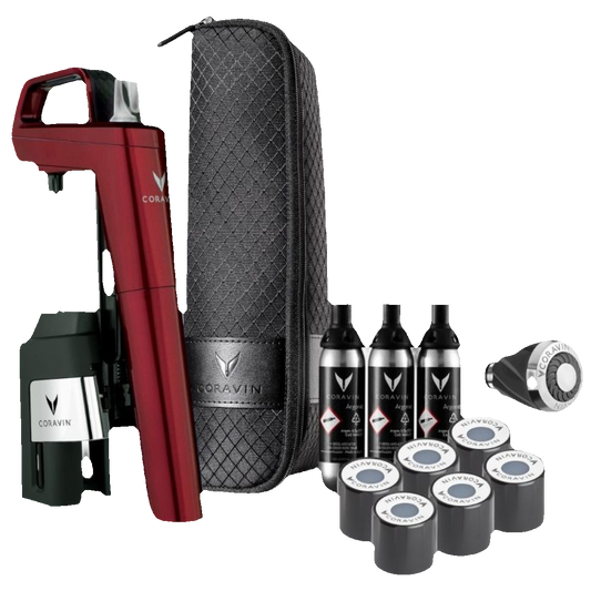 Coravin Model Six+ Burgundy wijnsysteem met draagtas, CO2-capsules en aerator-caps op transparante achtergrond