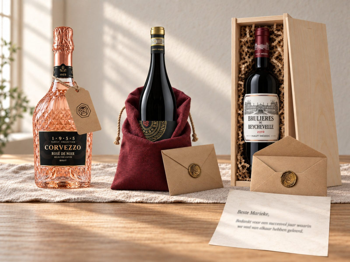 Drie zakelijke kerstgeschenken op een eiken tafel: Corvezzo Rosé de Noir met een kraft labeltje, Amarone in een wijnrode cadeauzak met envelop en waxzegel, Brulières de Beychevelle in een houten kist met een brief op naam