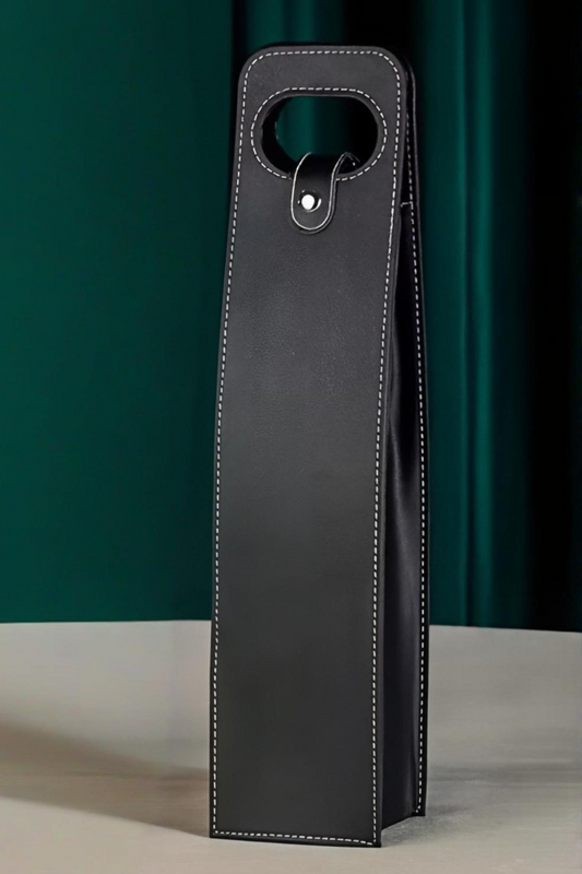 Luxe herbruikbare wijn-geschenktas van zwart faux leder voor 1 fles wijn, stijlvolle cadeautas met handvat en contrasterende stiknaden